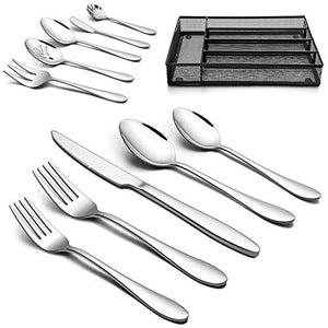 LIANYU 25-Piece Silverware Set with Utensil Drawer Organizer, 5 Piece Serving Utensils, Stainless Steel Flatware Cutlery Tableware Set for 4, Dishwasher Safe