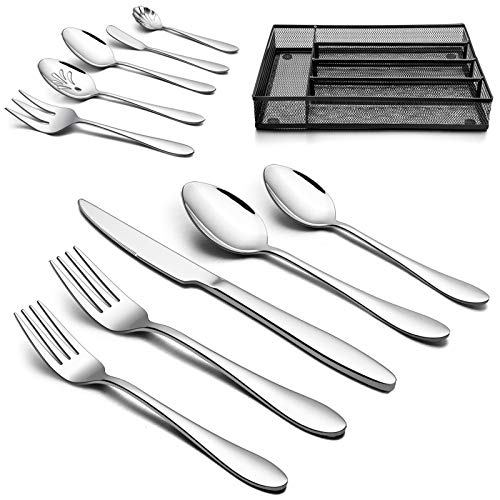 LIANYU 25-Piece Silverware Set with Utensil Drawer Organizer, 5 Piece Serving Utensils, Stainless Steel Flatware Cutlery Tableware Set for 4, Dishwasher Safe