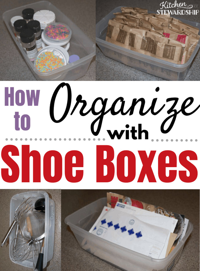Katie’s Note: I’m so happy to have Lisa Woodruff from Organize 365 to help you organize with shoe boxes in your kitchen and the rest of your house! Her shoe box organization ideas were a game changer for me!