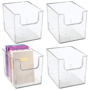 The best mdesign plastic open front home office storage bin container desk organizer tote for storing gel pens erasers tape pens pencils highlighters markers 8 wide 4 pack clear