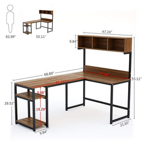 Exclusive tribesigns l shaped desk with hutch 68 corner computer desk gaming table workstation with storage bookshelf for home office dark walnut