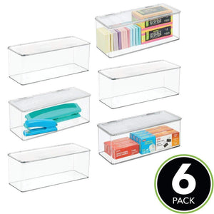 Cheap mdesign long plastic stackable home office supplies storage organizer box with attached hinged lid holder bin for note pads gel pens staples dry erase markers tape 8 pack clear