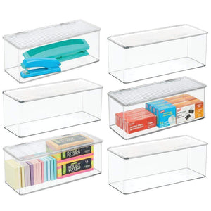 Best seller  mdesign long plastic stackable home office supplies storage organizer box with attached hinged lid holder bin for note pads gel pens staples dry erase markers tape 8 pack clear