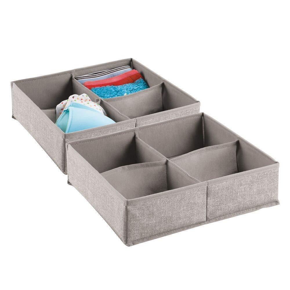 mDesign Soft Fabric Dresser Drawer and Closet Storage Organizer Bin for Lingerie, Bras, Socks, Leggings, Clothes, Purses, Scarves - Divided 4 Section Tray - Textured Print, 2 Pack - Linen/Tan