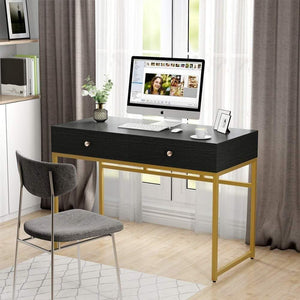 Top rated tribesigns computer desk modern simple home office gold desk study table writing desk workstation with 2 storage drawers makeup vanity console table 47 inch black