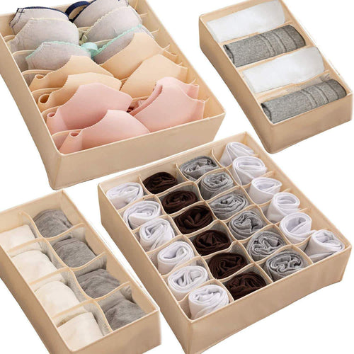 XITANGOU Set of 4 Flodable Drawer Organiser Collapsible Closet Divider for Underwear, Bras, Neck Ties, Handkerchiefs (Beige)