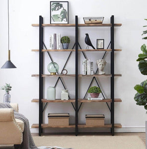 Heavy duty o k furniture double wide 5 tier open bookcases furniture vintage industrial etagere bookshelf large book shelves for home office decor display retro brown
