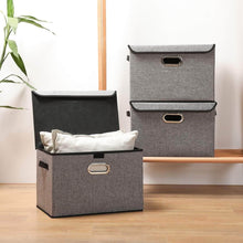 Exclusive large foldable storage box bin with lids2 pack no smell stackable linen fabric storage container organizers with handles for home bedroom closet nursery office gray color
