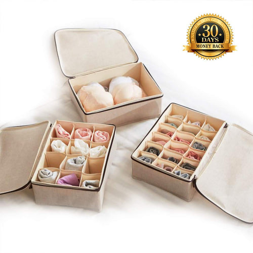 Underwear and Socks Organizer with Lid for Women Set of 3,Foldable Drawer Storage Boxes for Sorting Storage Socks,Bra,Underwear (Beige)