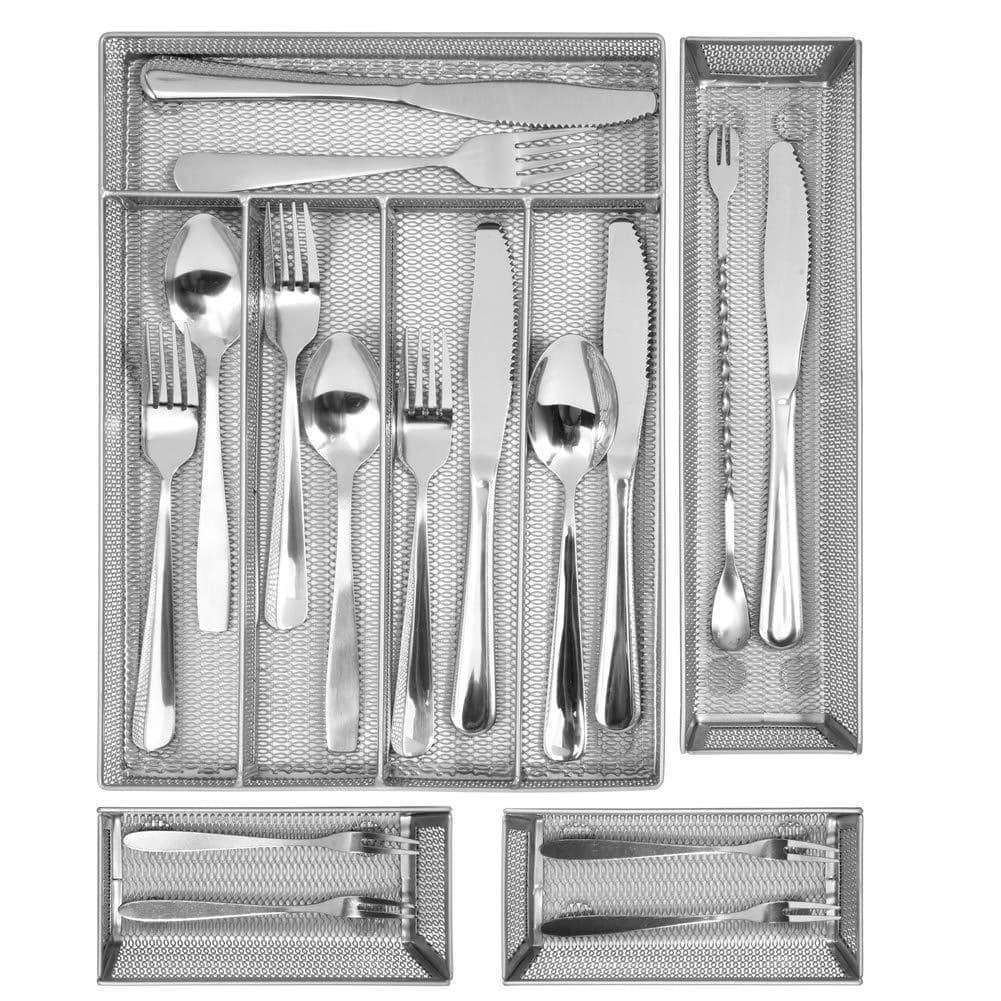 Kitchen silverware Drawer Organizer, 5+3 Separate Compartment with Anti-slip Mats Mesh Kitchen Cutlery Trays Silverware Storage Kitchen Utensil Flatware Tray