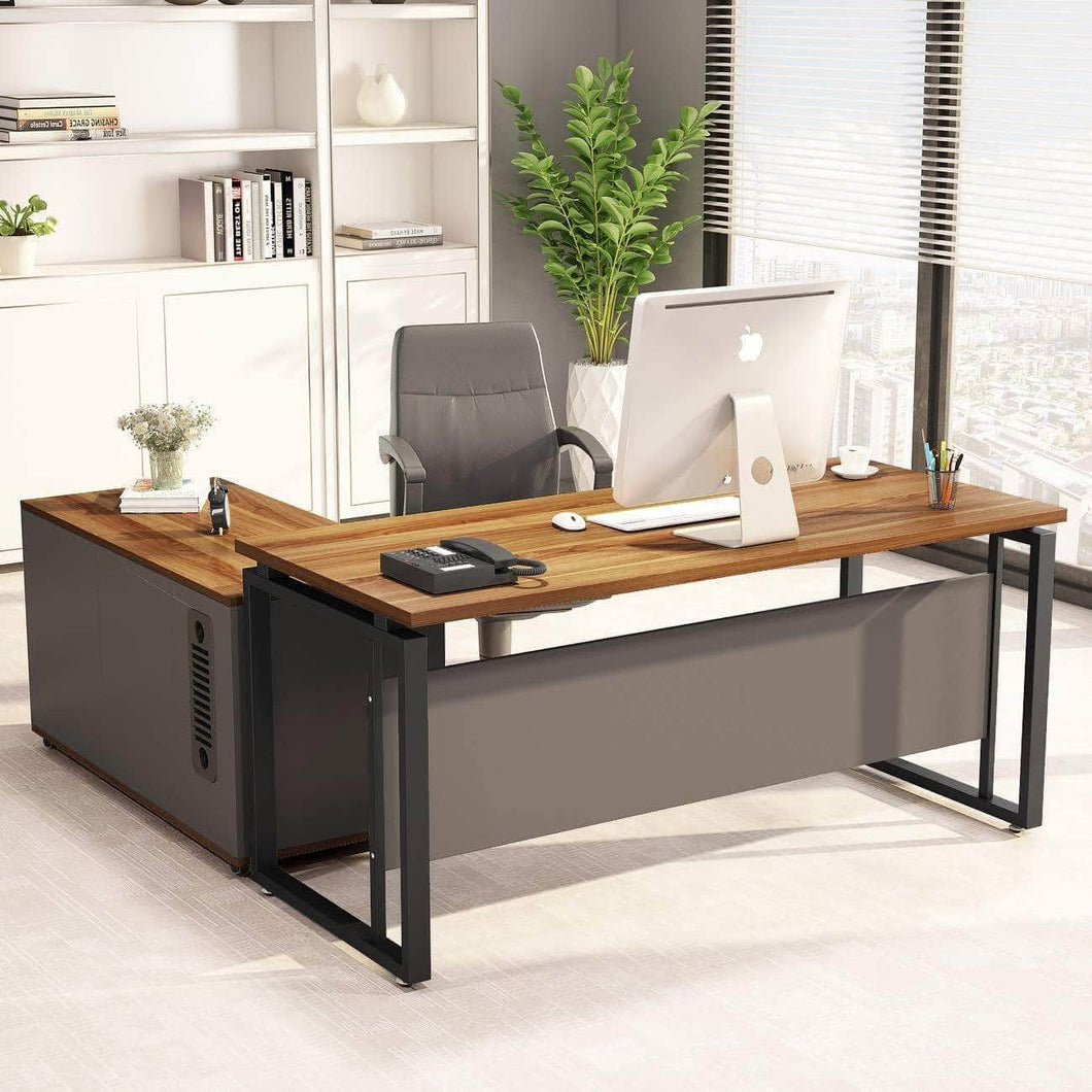Try little tree l shaped computer desk 55 executive desk business furniture with 39 file cabinet storage mobile printer filing stand for office dark walnut