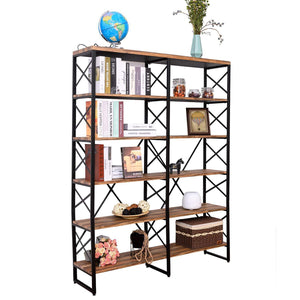 Home ironck bookshelf double wide 6 tier 70 h open bookcase vintage industrial style shelves wood and metal bookshelves home office furniture