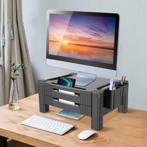 Discover the best monitor stand riser with dual storage drawers adjustable computer screen riser printer stand desk organizer with phone and tablet slot removable holder for pen pencil office supplies by huanuo