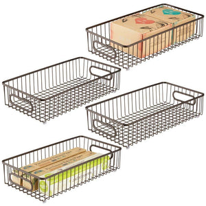 mDesign Extra Long Household Metal Drawer Organizer Tray, Storage Organizer Bin Basket, Built-In Handles - for Kitchen Cabinets, Drawers, Pantry, Closet, Bedroom, Bathroom - 8" Wide, 4 Pack - Bronze
