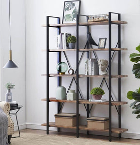 Discover the best o k furniture double wide 5 tier open bookcases furniture vintage industrial etagere bookshelf large book shelves for home office decor display retro brown