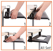 Try stand steady easy clamp on keyboard tray large size no need to screw into desk slides under desk easy 5 min assembly great for home or office