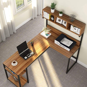 Get tribesigns l shaped desk with hutch 68 corner computer desk gaming table workstation with storage bookshelf for home office dark walnut