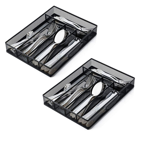 IRSHOME Solid Utensil Drawer Organizer, Cutlery Tray, Silverware/Flatware Storage Divider for Kitchen, Mesh Designing with Non-slip Foam Feet, 5 Component, Black-2 Pack