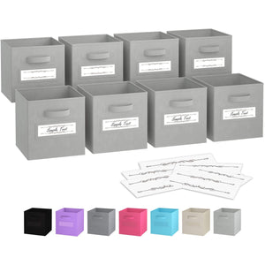 Royexe - Storage Cubes - (Set of 8) Storage Baskets | Features Dual Handles & 10 Window Cards | Cube Storage Bins | Foldable Fabric Closet Shelf Organizer | Drawer Organizers and Storage (Light Grey)