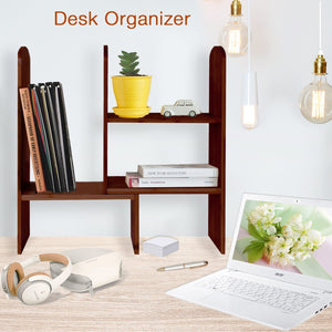 Results expandable natural bamboo desk organizer accessory adjustable desktop shelf rack multipurpose display for office kitchen books flowers and plants brown