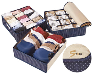 Topline Goods - Spark Premium Set of 3, Foldable, Covered Drawer Organizer, Closet Organizer for Socks, Bras for Women, Underwear, Baby Clothes, Belts, Scarves (Blue)