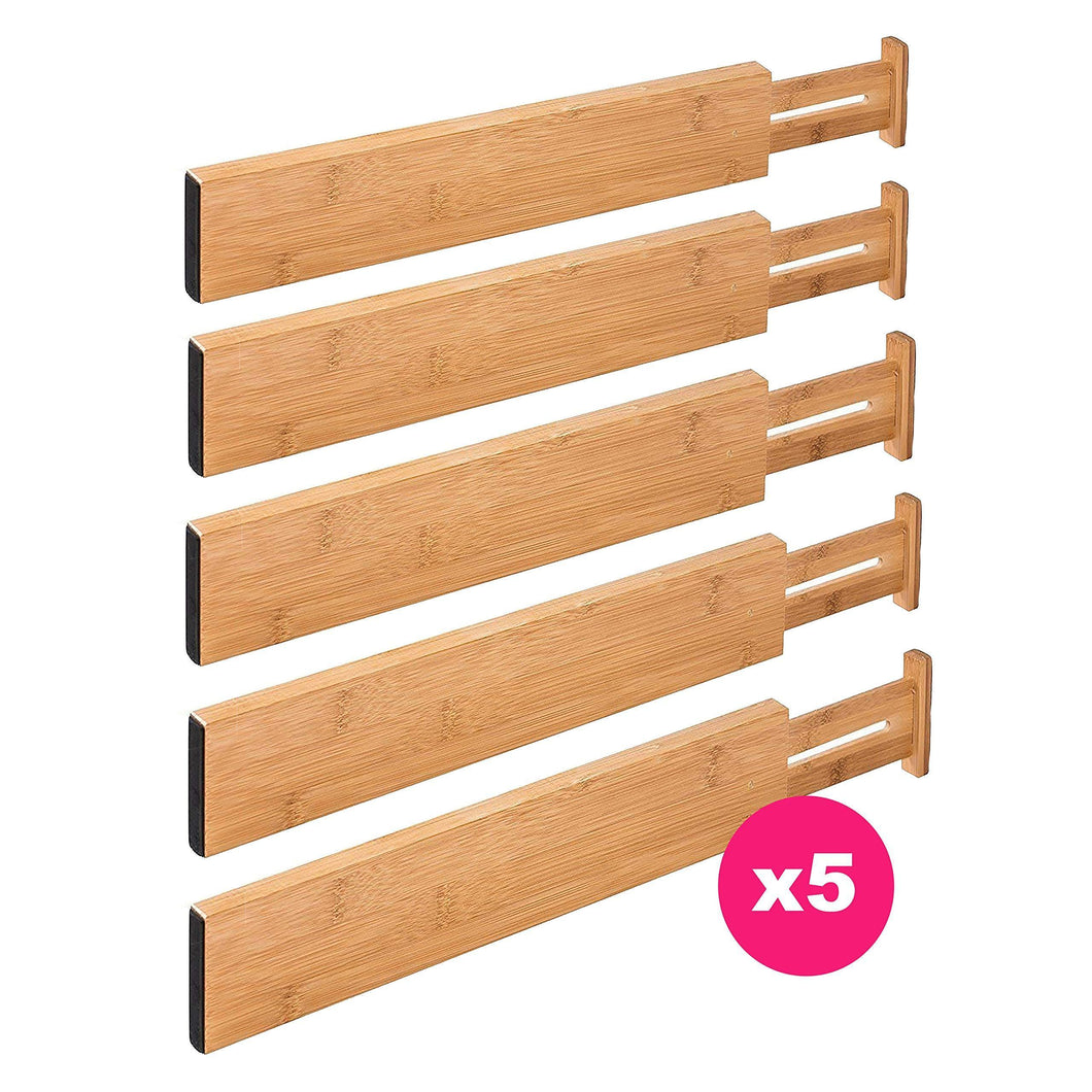 RAPTUROUS Bamboo Drawer Dividers - Pack Of 5 Expandable Drawer Organizers With Anti-Scratch Foam Edges - Adjustable Drawer Organization Separators For Kitchen, Bedroom, Baby Drawer, Bathroom & Desk