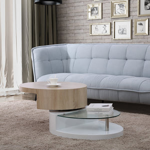 Top rated mecor swivel coffee table oval 360 degree rotating modern side end sofa tea table with glass 3 layers wood glass mdf living room office furniture