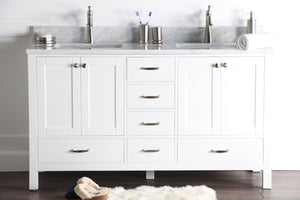 Abigail 60", Naos, Bright White Bathroom Vanity with 3cm Bianco Carrara Marble Top, Double Sink