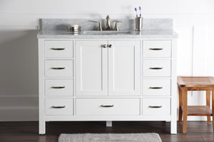Abigail 48", Naos, Bright White Bathroom Vanity with 3cm Bianco Carrara Marble Top