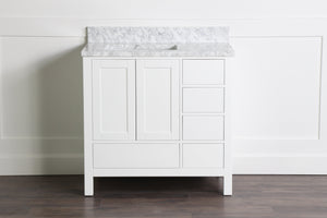 Abigail 36", Naos, Bright White Bathroom Vanity with 3cm Bianco Carrara Marble Top, Left