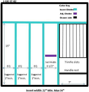 Craftsman Series - Style J Standard Utensil Organizer & Cutlery Storage (J-UK-ST-02)  Drawer Interior Size Range: Width 22" - 34", Depth 18" - 21". Insert Min/Max Height see details below